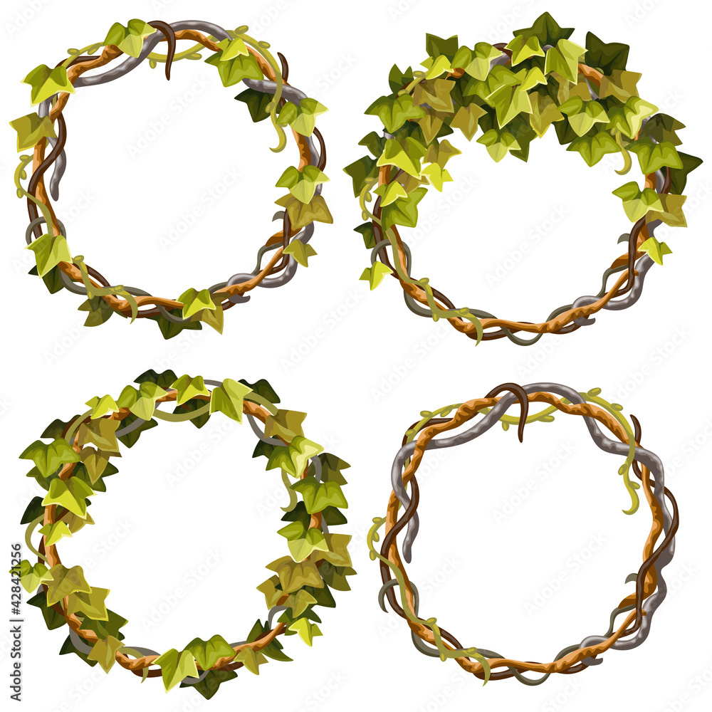 Ivy frames. Wreaths liana branches and tropical leaves. Game cartoon objects of creepers jungle. Isolated vector illustration on white background. Ivy frames. Wreaths liana branches and tropical leaves. Game cartoon objects of creepers jungle. Isolated vector illustration on white background.