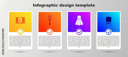 Set Online play video, Kitchen whisk, Badminton shuttlecock and Easel or painting art boards. Business infographic template. Vector
