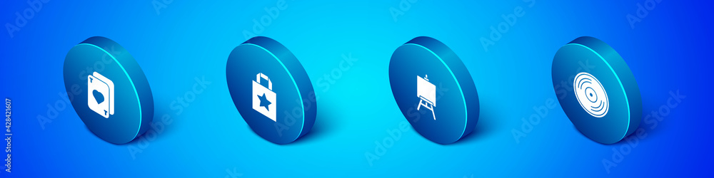 Set Isometric Playing cards, Easel or painting art boards, Vinyl disk and Paper shopping bag icon. Vector Set Isometric Playing cards, Easel or painting art boards, Vinyl disk and Paper shopping bag icon. Vector
