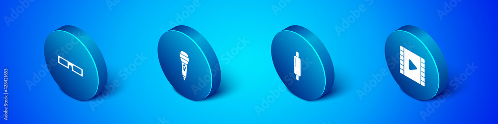 Set Isometric Cinema glasses, Rolling pin, Play Video and Microphone icon. Vector Set Isometric Cinema glasses, Rolling pin, Play Video and Microphone icon. Vector