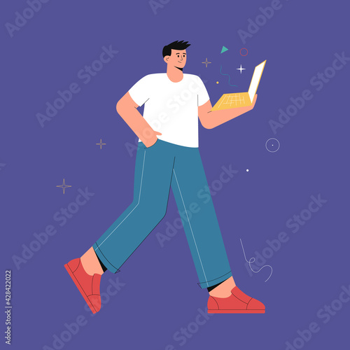 IT guy concept. Young smiling man walking and holding laptop. Vector flat cartoon illustration