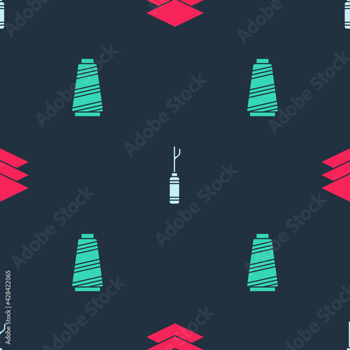 Set Layers clothing textile, Awl tool and Sewing thread on seamless pattern. Vector