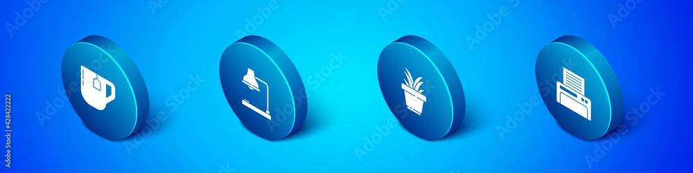 Set Isometric Cup of tea with tea bag, Plant in pot, Printer and Table lamp icon. Vector Set Isometric Cup of tea with tea bag, Plant in pot, Printer and Table lamp icon. Vector