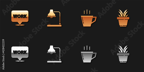 Set Location with text work, Table lamp, Coffee cup and Plant in pot icon. Vector
