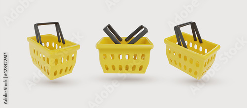 Set of realistic plastic shopping cart. Empty shopping cart yellow. Baskets with two foldable handles. Vector illustration. Isolated on white background.