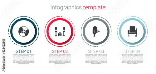 Set CD or DVD disk, Home stereo with two speakers, Retro cinema camera and Cinema chair. Business infographic template. Vector