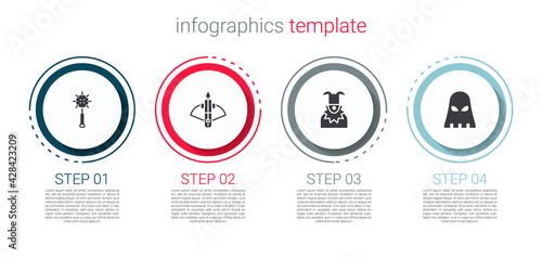 Set Medieval chained mace ball, Battle crossbow with arrow, Joker head and Executioner mask. Business infographic template. Vector