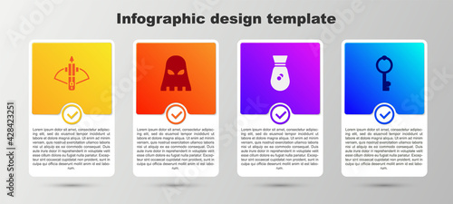 Set Battle crossbow with arrow, Executioner mask, Old money bag and key. Business infographic template. Vector