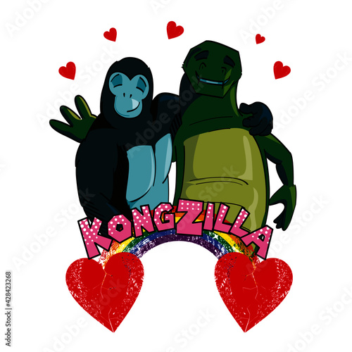 vector illustration of a giant gorilla and reptile hugging and smiling with red hearts. Design for t-shirts, stickers and posters.	