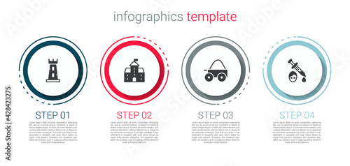 Set Castle tower, Castle, fortress, Wooden four-wheel cart and Sword with blood. Business infographic template. Vector