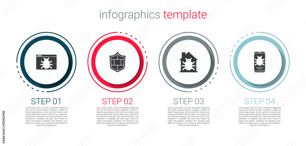 Set System bug, Shield with brick wall, House system and on mobile. Business infographic template. Vector Set System bug, Shield with brick wall, House system and on mobile. Business infographic template. Vector