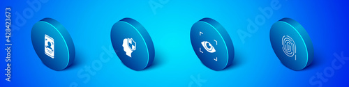 Set Isometric Mobile and face recognition, Eye scan, Fingerprint and Head with shield icon. Vector