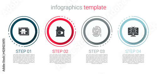 Set Browser incognito window, Smart home, Fingerprint and System bug on monitor. Business infographic template. Vector