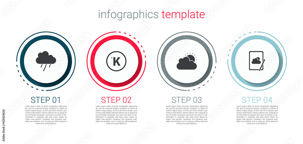 Fototapeta premium Set Cloud with rain, Kelvin, Sun and cloud weather and Weather forecast. Business infographic template. Vector
