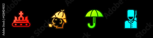 Set British crown, Sherlock Holmes, Umbrella and soldier icon. Vector