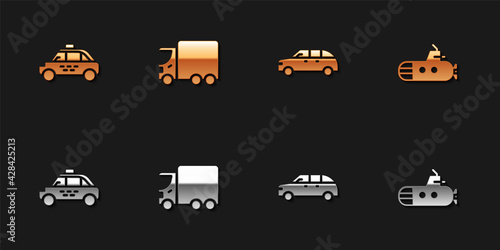 Set Taxi car, Delivery cargo truck, Hatchback and Submarine icon. Vector