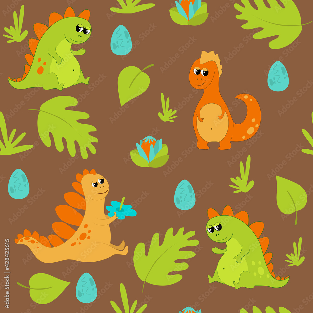 Cute charming green and orange dinosaurs on a brown background among prehistoric leaves, plants and eggs. Seamless pattern in cartoon childish style. The mood of joy and carelessness. Cute charming green and orange dinosaurs on a brown background among prehistoric leaves, plants and eggs. Seamless pattern in cartoon childish style. The mood of joy and carelessness.