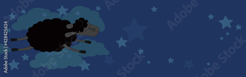 Horizontal banner dark sky, stars, clouds and black wonderful jumping sheep. There is a place for your text. The concept of a good healthy and proper sleep and a good night's rest for World Sleep Day.