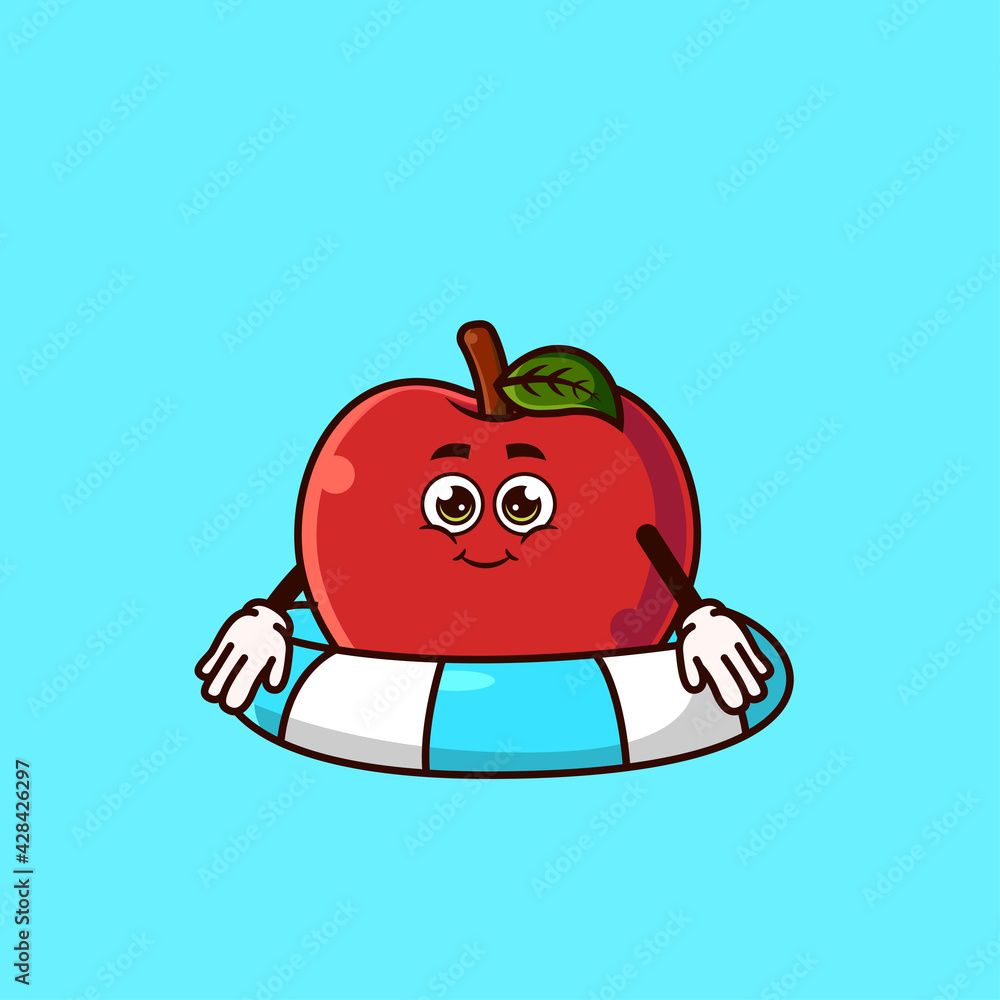 Obraz premium Cute Apple character with swim ring float. Fruit summer icon concept isolated. flat cartoon style Premium Vector