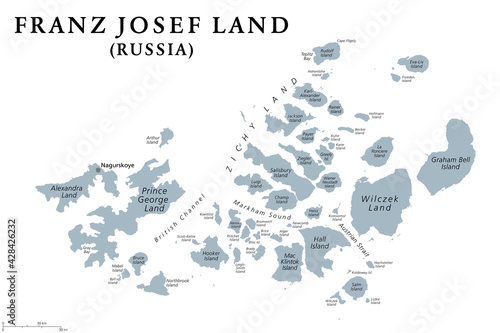 Franz Josef Land, gray political map. Russian archipelago in the Arctic Ocean, northernmost part of Arkhangelsk Oblast, largest island Prince George Land, and air base Nagurskoye. Illustration. Vector