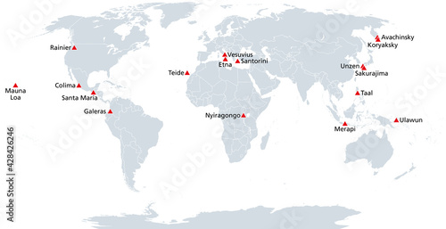 Map of the Decade Volcanoes. Volcanoes worthy of particular study of their history of large, destructive eruptions and proximity to populated areas, to reduce the severity of natural disasters. Vector photo