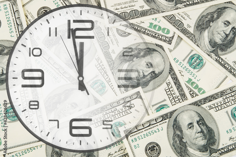 Collage with clock and us dollars, business and earn money concept Collage with clock and us dollars, business and earn money concept