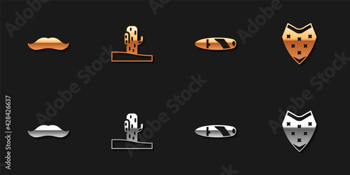 Set Mustache, Cactus, Cigar and Poncho icon. Vector