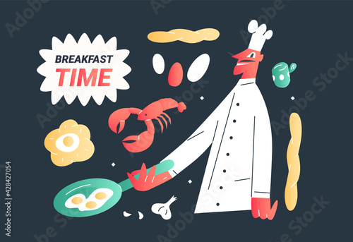 The cook prepares scrambled eggs. fresh pastries for breakfast