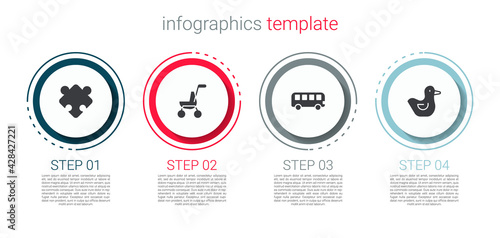 Set Puzzle pieces toy, Baby stroller, Bus and Rubber duck. Business infographic template. Vector