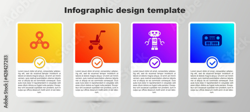 Set Fidget spinner, Baby stroller, Robot toy and Toy piano. Business infographic template. Vector