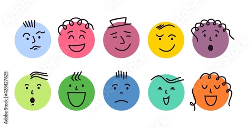 Abstract feeling faces. Round abstract faces with various Emotions. Different colorful characters. Vector illustration. Every face is isolated.
