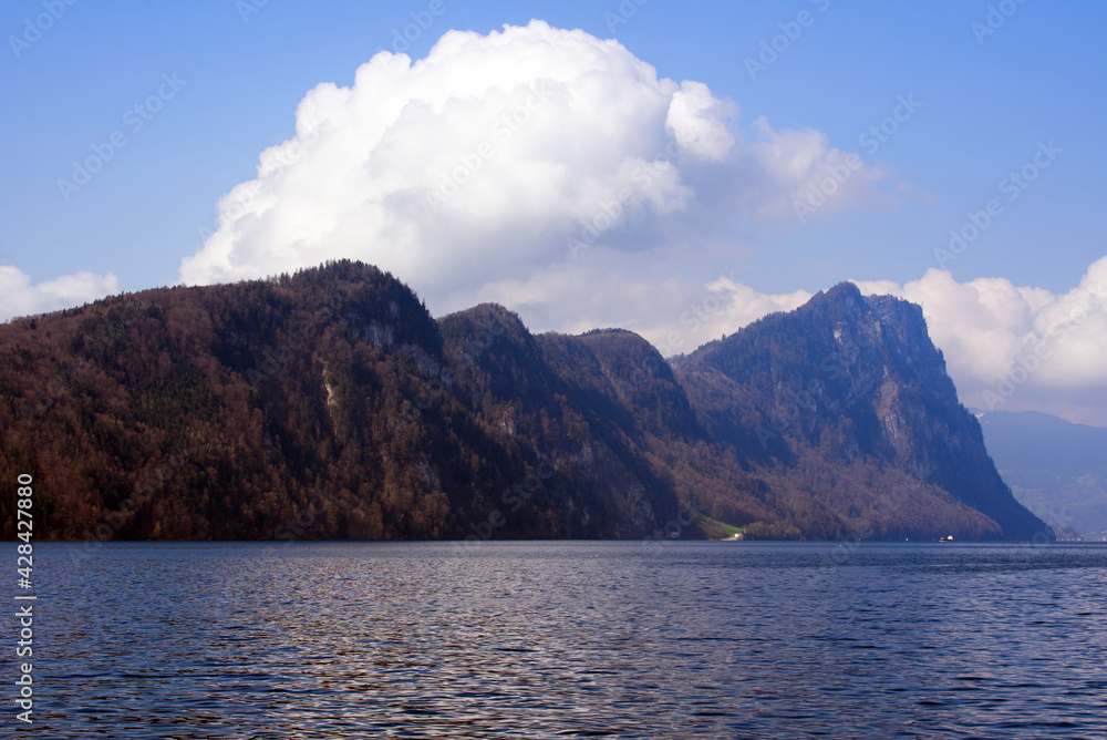 Lake Vierwaldstättersee seen from landing point Vitznau, Lucerne, Switzerland. Photo taken April 14th, 2021.