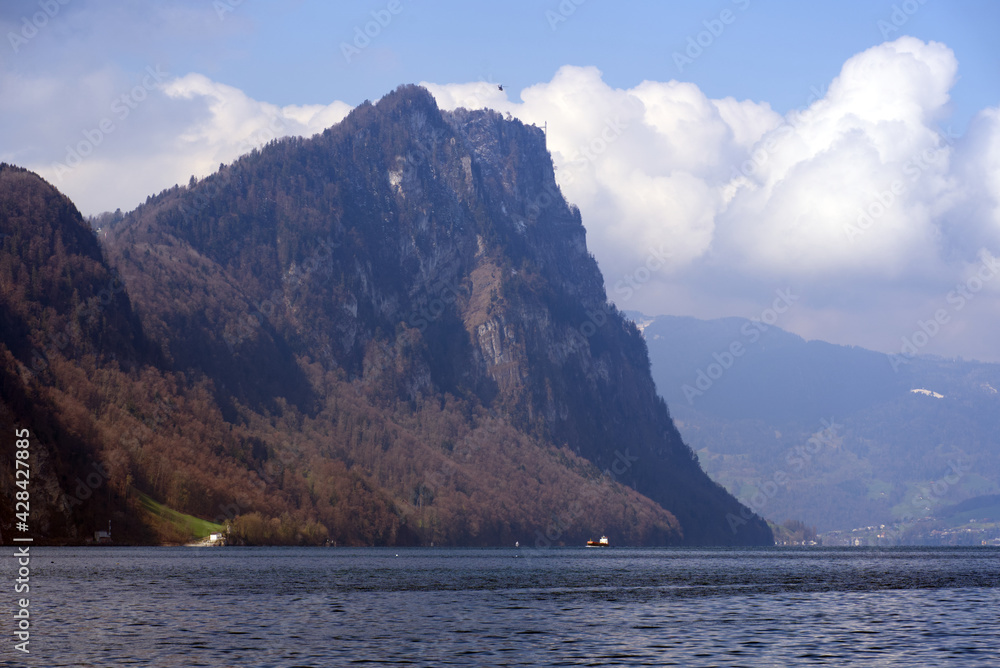 Lake Vierwaldstättersee seen from landing point Vitznau, Lucerne, Switzerland. Photo taken April 14th, 2021.
