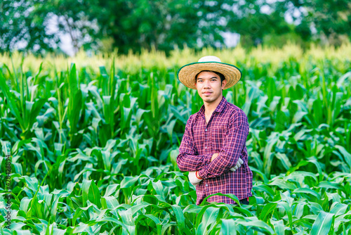 An Asian farmer man wearing a red checkered shirt with a hat and gloves. Standing with arms folded in a corn plantation in Thailand.copy space