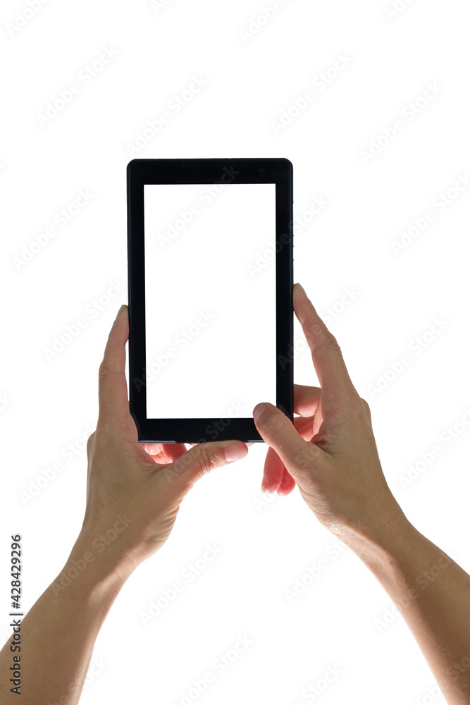 Hands holding tablet and taking photo, isolated on white background Hands holding tablet and taking photo, isolated on white background