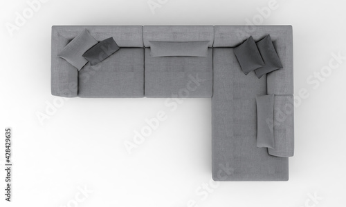 Top view of a 3D rendered modern corner sofa of gray color on a white background
