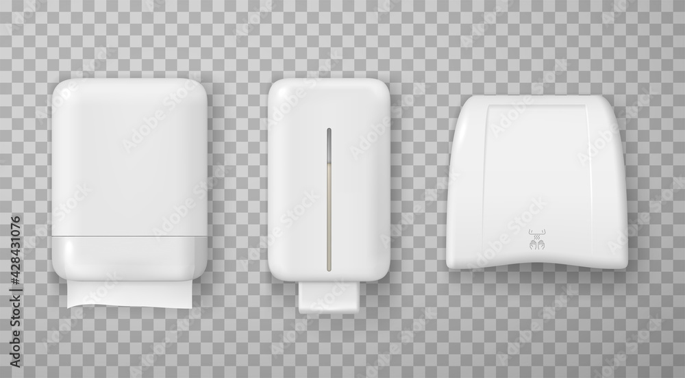 Collection of realistic wall hand dryer dispenser with soap and paper