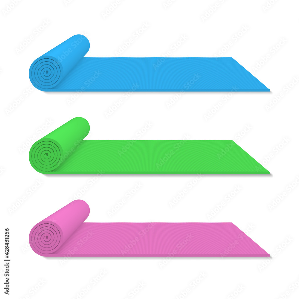 Fototapeta premium Set realistic rolled yoga mats vector illustration sports equipment for meditation exercising
