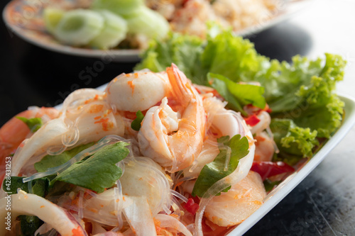 spicy glass noodle and mixed seafood salad, Thai food