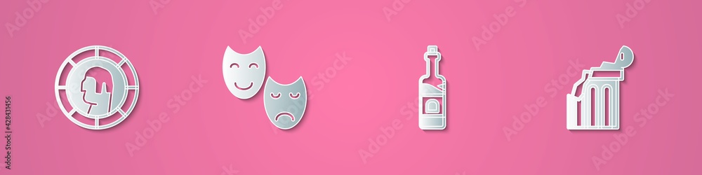 Set paper cut Ancient Greek coin, Comedy and tragedy masks, Bottle of wine and Broken ancient column icon. Paper art style. Vector Set paper cut Ancient Greek coin, Comedy and tragedy masks, Bottle of wine and Broken ancient column icon. Paper art style. Vector