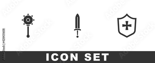 Set Medieval chained mace ball, sword and Shield icon. Vector
