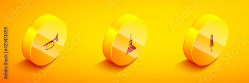 Set Isometric Trumpet, Sword in the stone and Medieval sword icon. Vector