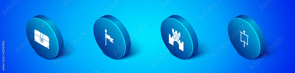 Set Isometric Antique treasure chest, Castle, fortress, Medieval flag and spear icon. Vector Set Isometric Antique treasure chest, Castle, fortress, Medieval flag and spear icon. Vector