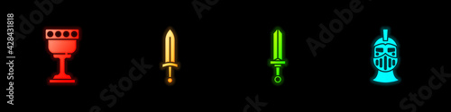 Set Medieval goblet, sword, and iron helmet icon. Vector