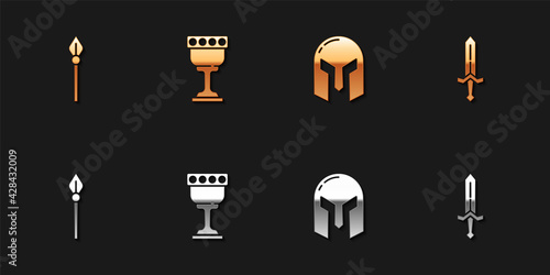 Set Medieval spear, goblet, iron helmet and sword icon. Vector