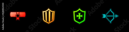 Set Decree, parchment, scroll, Shield, and Medieval bow and arrow icon. Vector