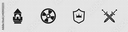 Set Castle tower, Round wooden shield, Shield with crown and Crossed medieval sword icon. Vector
