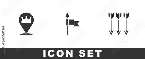 Set Location king crown, Medieval spear and Crossed arrows icon. Vector