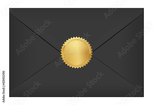 Black elegant envelope with gold stamp. Blank mail paper card mock up vector illustration. Realistic modern empty postcard template isolated on white background. Postal mail document with golden seal