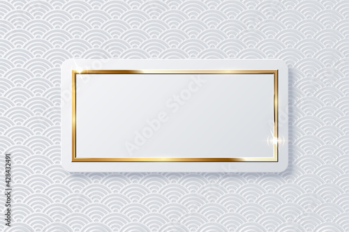 Realistic vector sparkling shiny glowing golden rectangle on white button isolated on abstract chinese traditional oriental ornament pattern with wave. Rectangle frame with spark light effect.